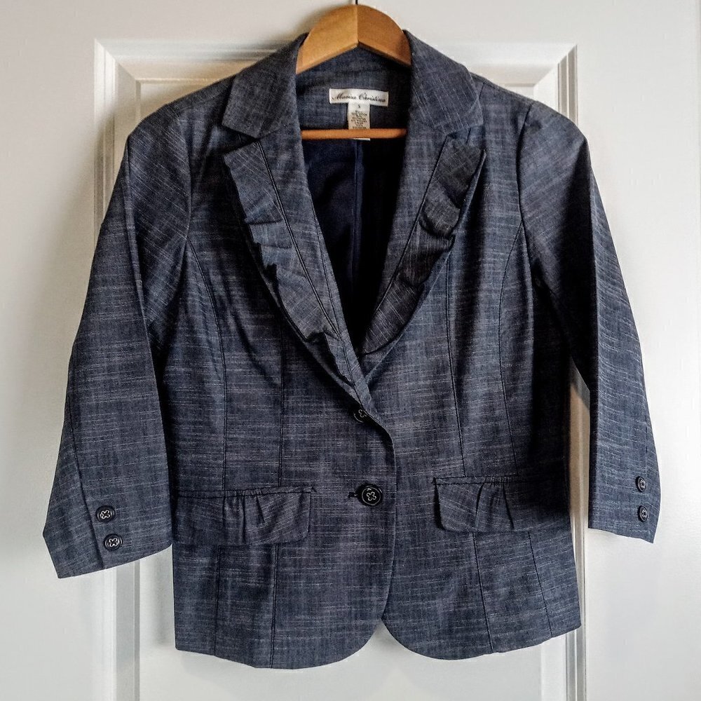 Marisa Christina Denim Blue Ruffle Collar Cotton Jacket